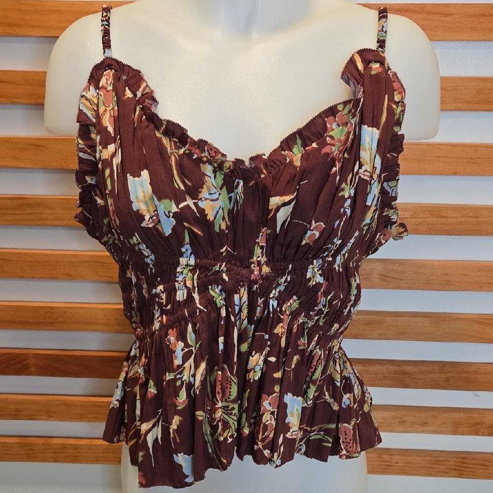 Sea‎ New York Floral Ruffle Peplum Camisole Top Womens XL Burgundy Smocked